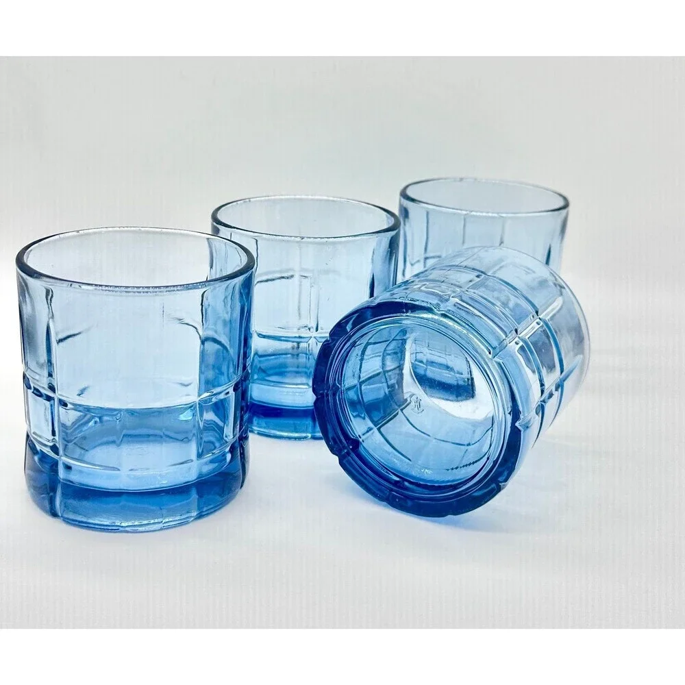 Set of 4 Anchor Hocking Blue Tartan old fashioned glasses